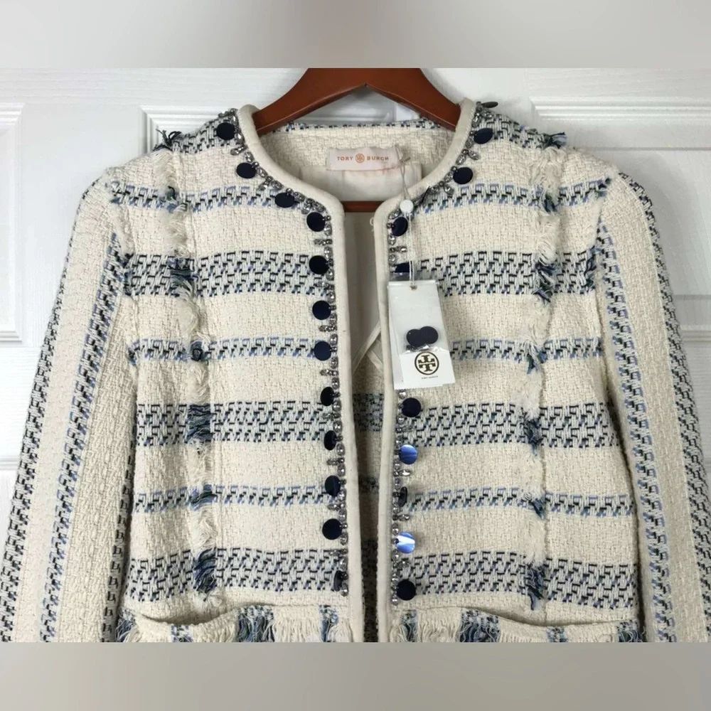 NWT $495 Tory Burch Abbot Embellished Striped Tweed Jacket